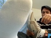 Preview 1 of Perverted gay dude rubs his feet and strokes dick solo