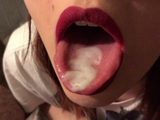 red lipstick closeup blowjob, cum on tongue and swallow Video