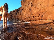 Preview 2 of Slender brunette with big ass fucks on a deserted beach and gets creampie