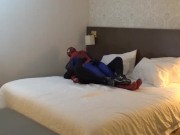 Preview 1 of mindless moaning black sex drone playing with his spiderman dummy