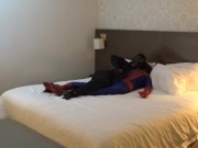 Preview 2 of mindless moaning black sex drone playing with his spiderman dummy