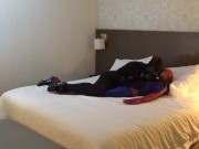 Preview 3 of mindless moaning black sex drone playing with his spiderman dummy