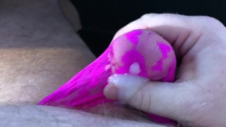 Cumshot (wank) on through a mesh Victoria Secrets thong