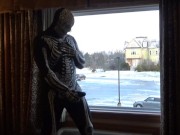 Preview 5 of Dawn of the dead morphsuit in window cums into black rubber cock extender