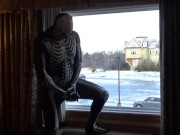 Preview 6 of Dawn of the dead morphsuit in window cums into black rubber cock extender