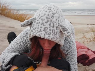 Ginger Redhead Amateur Public_Cold Winter Beach Blowjob CIM & CumSwallow