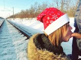 Winter outdoor amateur blowjob on the railway