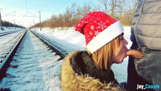 On The Railway In The Winter An Amateur Blowjob Is Performed Outside