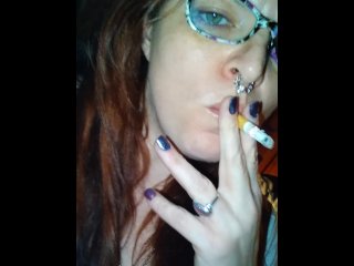 green eyes, red head, smoking fetish, big natural tits