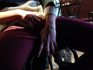 Teen slut masturbate under the table in PUBLIC at restaurant