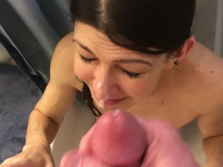 Part 2 of Hot MILF Shower Blowjov POV with Cumshot Facial