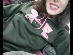 Horny girl driving in public pussy masterbation at busy grocery store