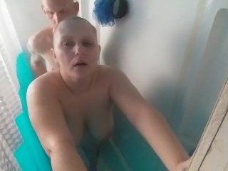bald head girl, tattooed women, shower sex, big tits