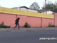 Lovely girls in tight jeans made it still in time to squat down and pee