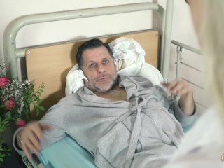 Teen nurses fuck old grandpa in a fake hospital bed and give sloppy blowjob