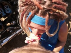 Outdoor footjob and blowjob with dreadlocks girl. Cum on the face