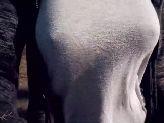 Screen Capture of Video Titled: Bouncing Boobs in Shirt While Walking (Braless)