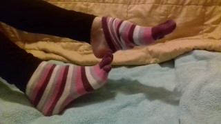 Playing with my feet and soles and taking off my toe socks with my toes
