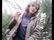 Preview 2 of Sexy Smokin good girl Roxy flash & rub perfect teen body in woods- public