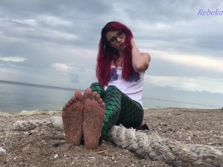 foot domination, redhead, outside, ass worship
