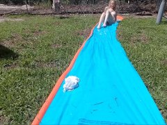 Blonde does Slip n Slide Naked in her backyard & masturbates