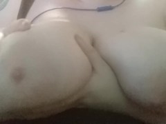 BBW Plays with large armature breast while talking to someone online