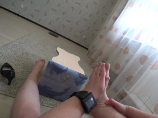 Foot fetish and ASMR. Dress stockings and shoes on plump legs. POV