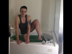 Pre-op ftm sucking his own toes in the bathtub