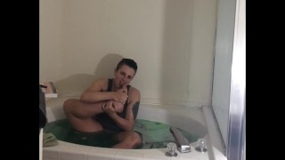 Pre-op ftm sucking his own toes in the bathtub