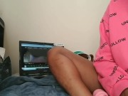 Preview 1 of Black Barbie caught masturbating to her own porn- multiple loud orgasms