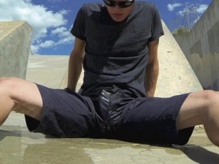 Pissing black_athletic shorts in public and cumminginside them