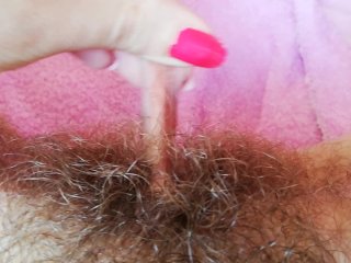 Playing with My Big_Clit Hood Pulling_and Stretching_Hairy Bush Pussy Close