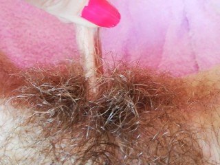 Playing with my Big Clit Hood Pulling and Stretching Hairy Bush Pussy Close
