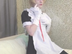Video Blonde femboy maid teasing and showing his butt in striped panties