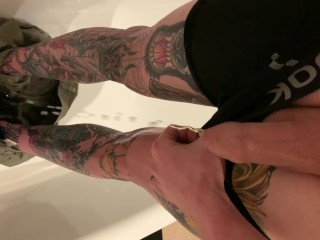 Tattooed Guy Desperate Wetting taking off Shorts and Boxers
