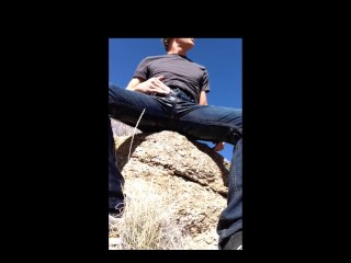 Pissing blue jeans in three public places with an outdoor cumshot