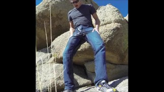 Pissing blue jeans in three public places with an outdoor cumshot