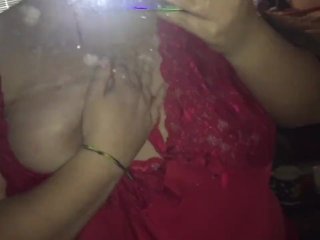 bbw, saggy tits, red lingerie, brunette