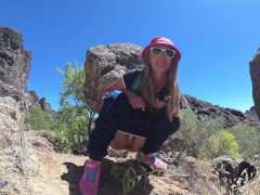 PISS PISS TRAVEL - Funny Girl tourist peeing in the mountains Gran Canaria
