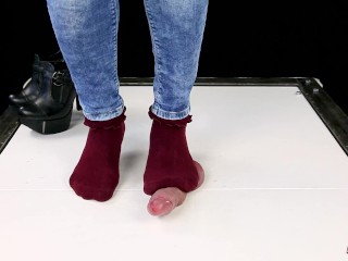 Ballbusting cock trampling and CBT in_high heel boots_Shoejob Sockjob POV