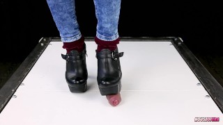 Ballbusting cock trampling and CBT in high heel boots Shoejob Sockjob POV