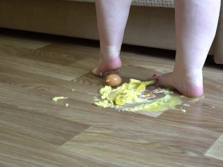 Fat Legs Bare_Feet Mercilessly Trampled Banana and Raw Eggs. Crush Fetish.