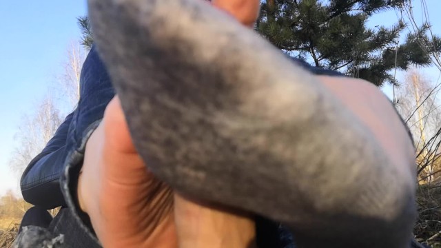 Public Footjob and Socks Job from Beauty on in the Park. Close View