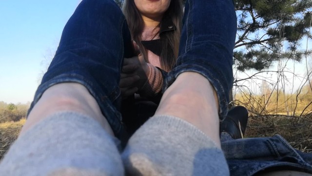 Public Footjob and Socks Job from Beauty on in the Park. Close View