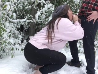 canadian amateur, nice legs, sweater, snow outdoor blowjob