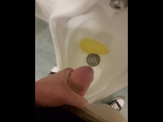 Pissing in public restroom and playing with my dick