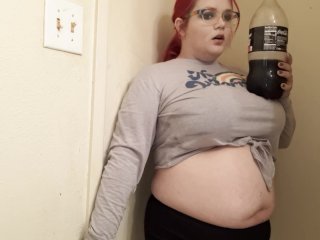girl belly inflation, chugging, air pump inflation, hugs tits