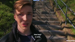 CZECH HUNTER 425 Blonde Jock Gets A Bite Of Cock On The Park's Stairs