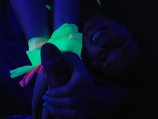 Glow in the Dark Blowjob and Sockjob with Hands and Feet Tied up