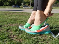 Shoeplay with sneakers at the park -- Preparing smelly socks for shipping